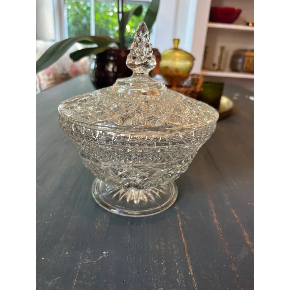 Vintage Clear Pressed Glass Candy Dish with Lid Diamond Point Pedestal Compote